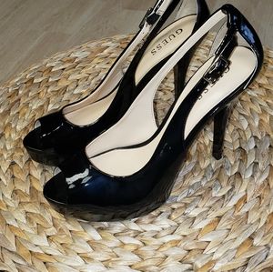 GUESS patent peep sling heel 9